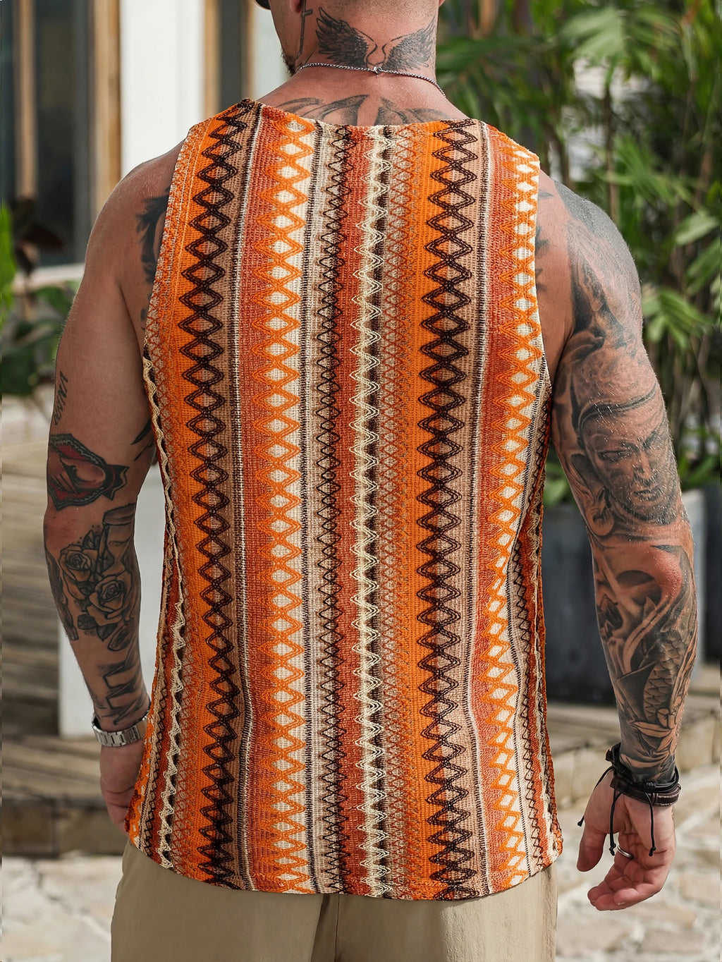 Summer New Men's Bohemian Style Fitness Tank Top, Ethnic Geometric Print Shoulder-Width Sleeveless Shirt