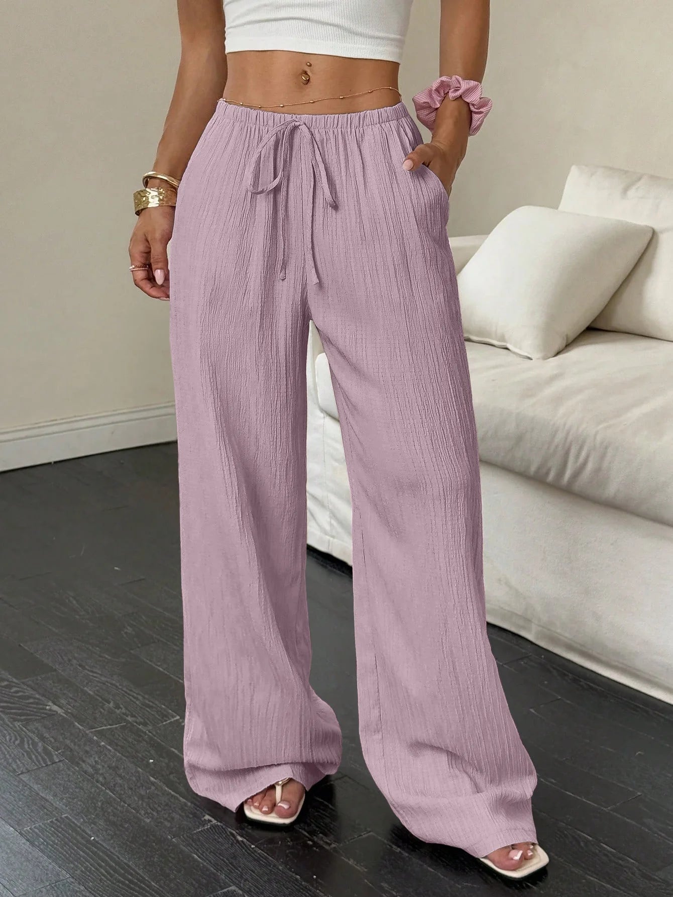 Women's Casual Solid Color Wide-leg Pants in Textured Fabric