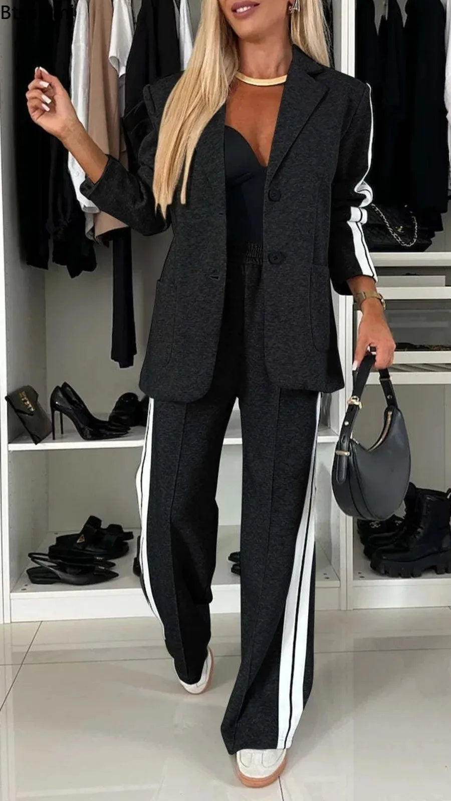 Btsukimi Women's Color Block Blazer and Wide Leg Pants Set