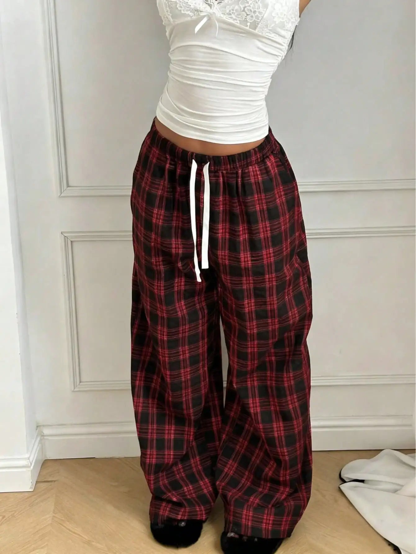 Women's High Waist Plaid Drawstring Wide Leg Pants
