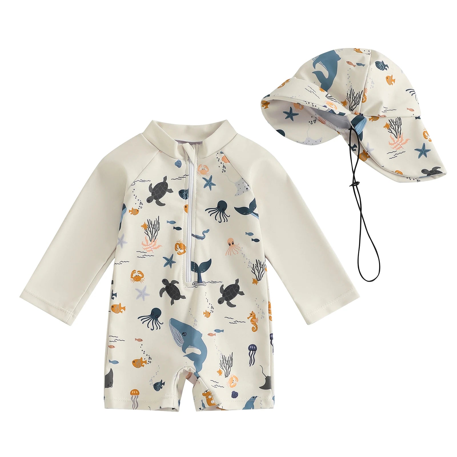 Boys Long Sleeve Marine Animal Print Swimwear with Hat