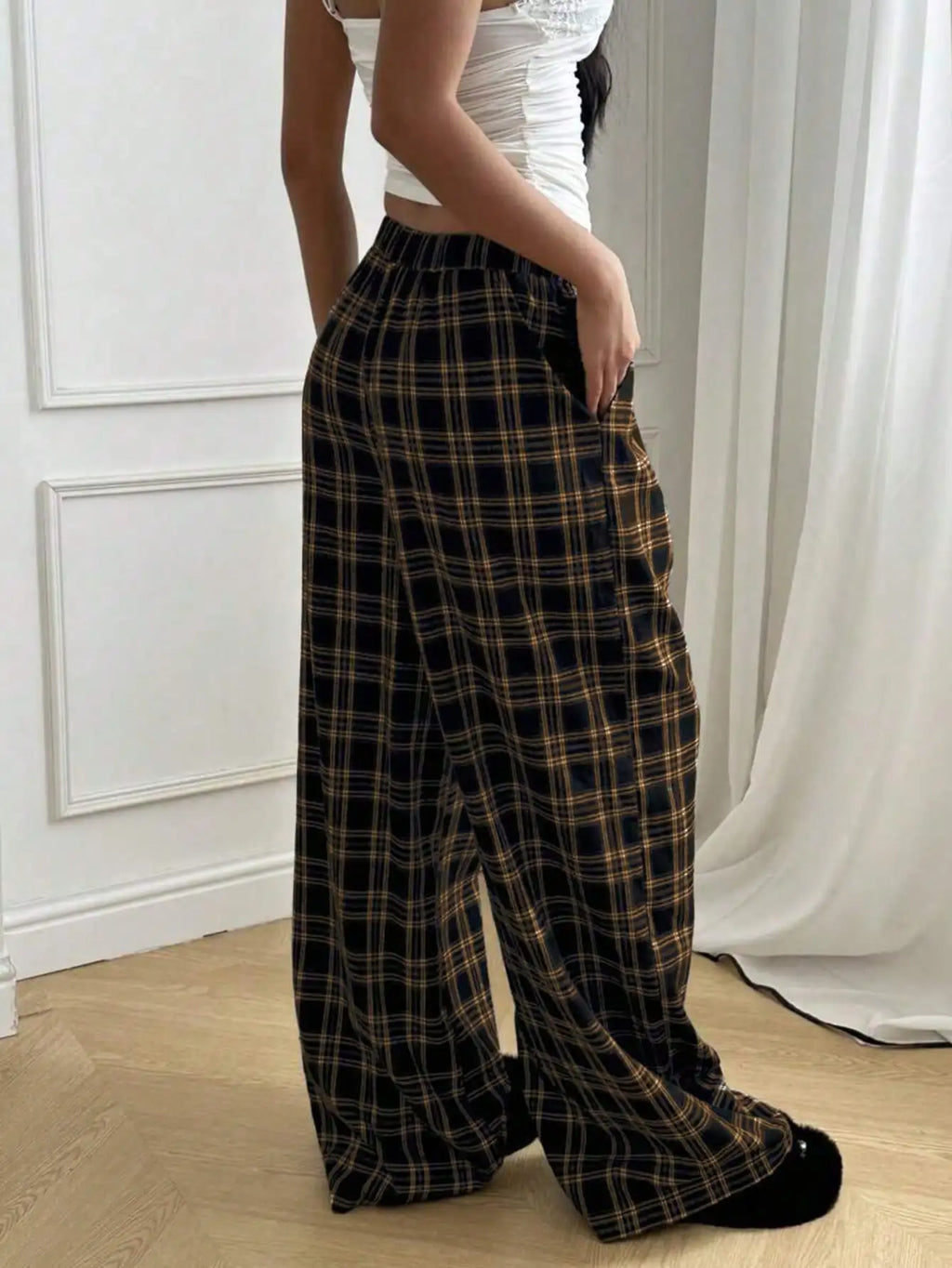 Women's High Waist Plaid Drawstring Wide Leg Pants