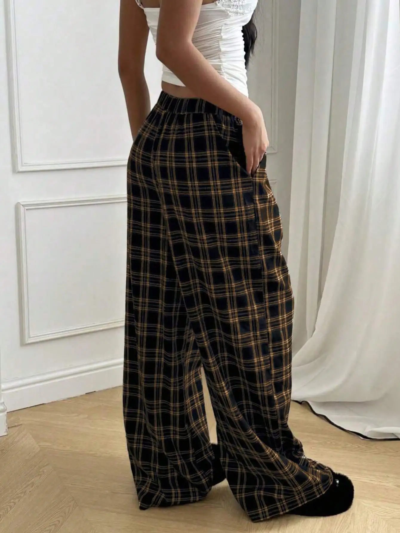 Women's High Waist Plaid Drawstring Wide Leg Pants