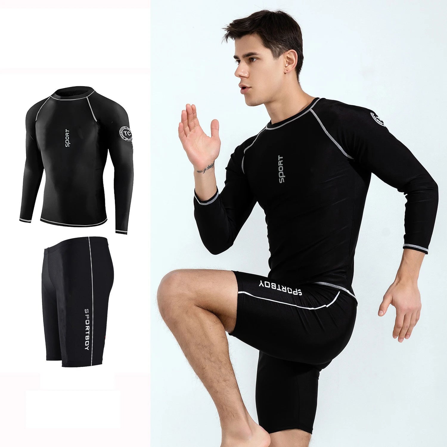 Men's Polyester Swimwear Set with Tight Elastic Shorts and Shirt