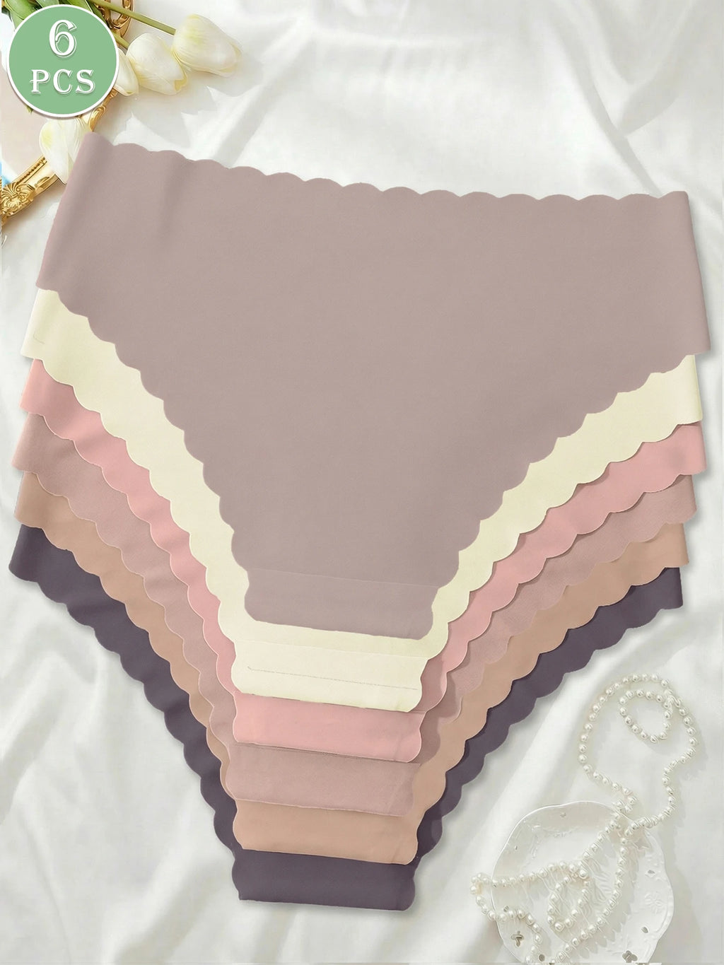 6-piece set of women's solid color underwear with wavy lace, smooth, seamless, comfortable, breathable and quick drying underwea