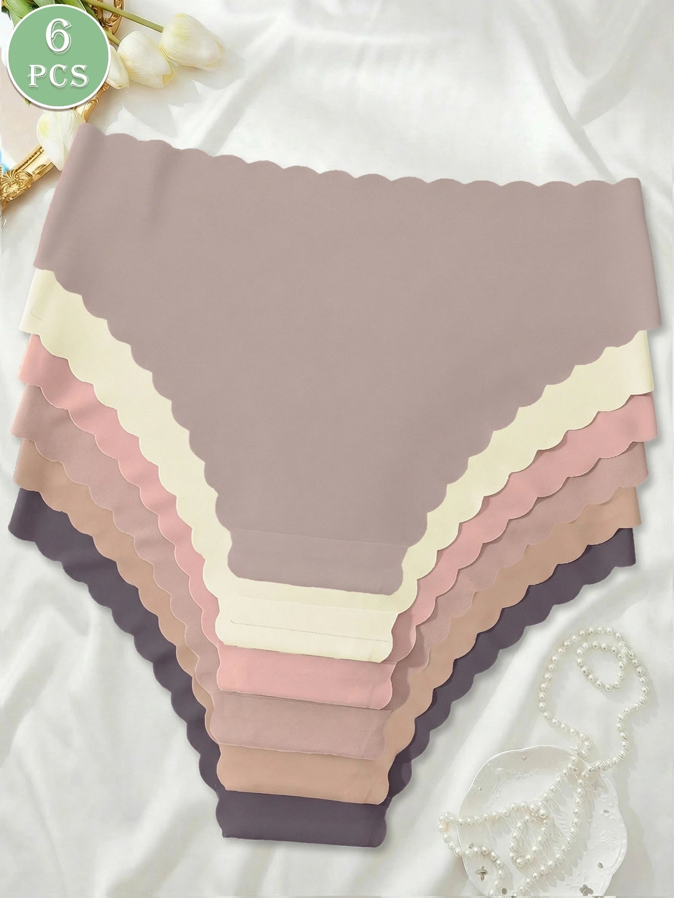 6-piece set of women's solid color underwear with wavy lace, smooth, seamless, comfortable, breathable and quick drying underwea