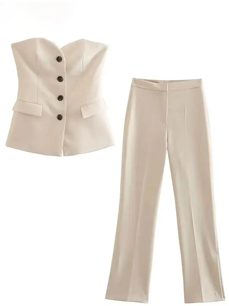 HH Women Solid Pant Suit Strapless Tank Tops and Slit Trousers
