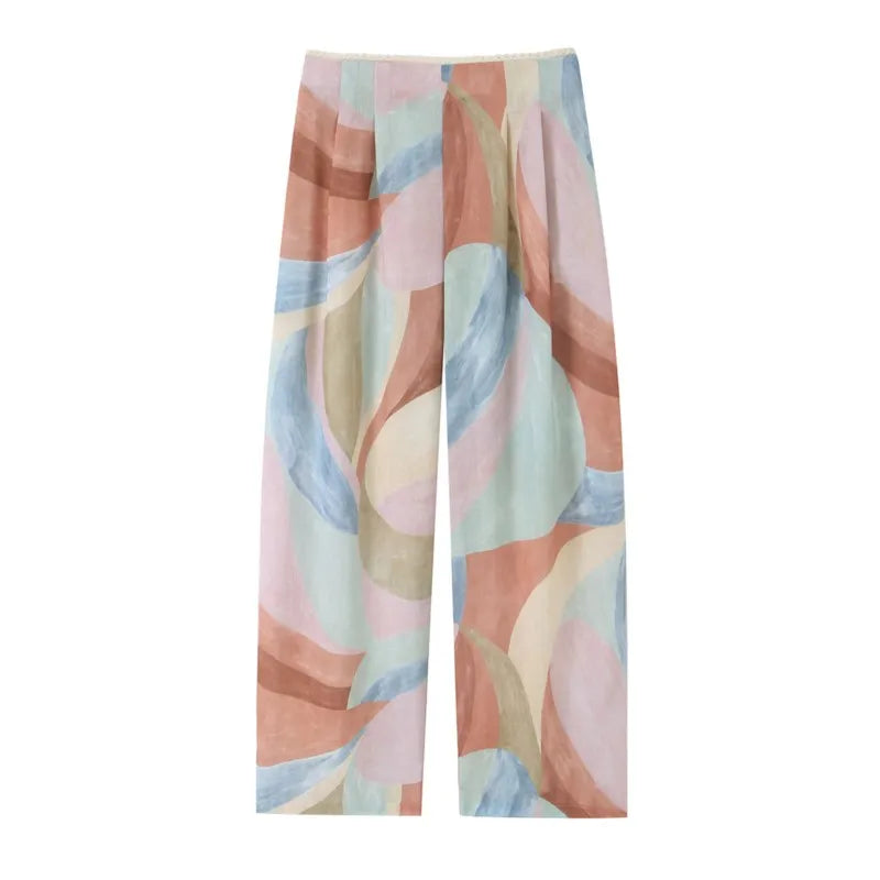 Chic Lace Trim Printed Pants Set for Women by MALEY LifeStyle