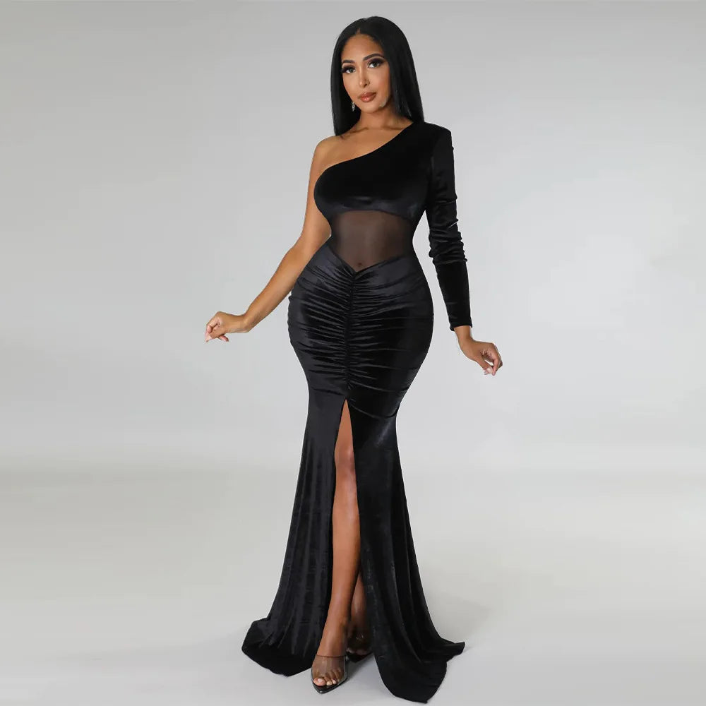 Floor-Length Evening Dress with Diagonal Collar by STEFION