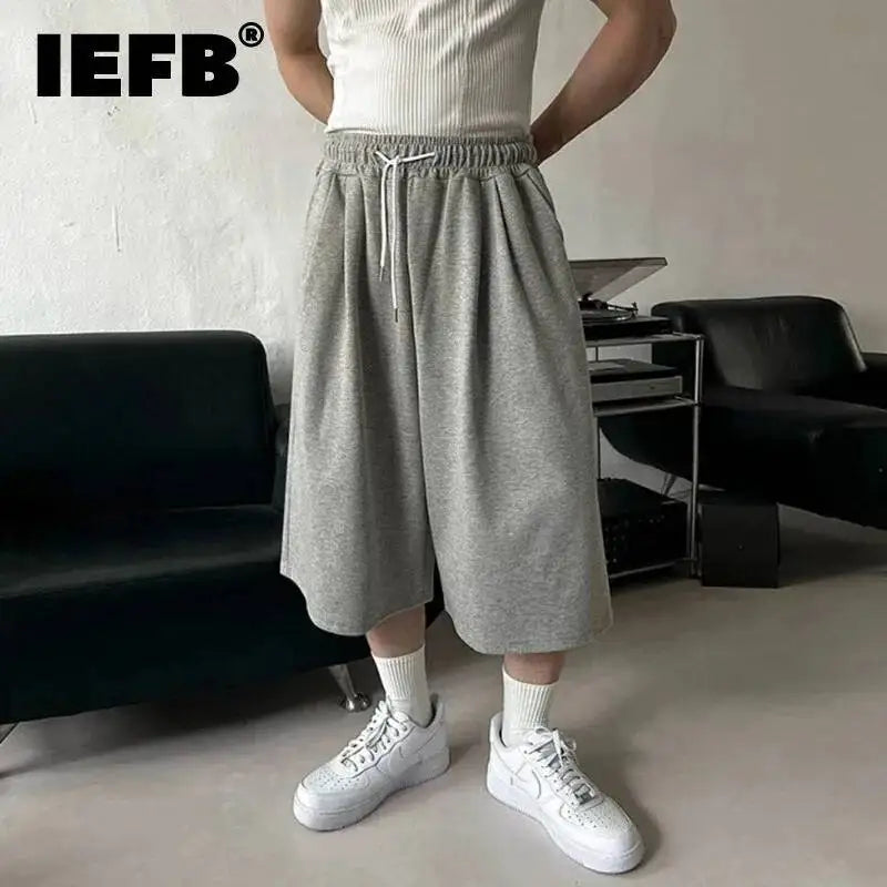 IEFB Korean Style Men's Sports Shorts Drawstring Solid Color Menswear Elastic Waist Straight Loose Wide Leg Male Bottom 9W2507
