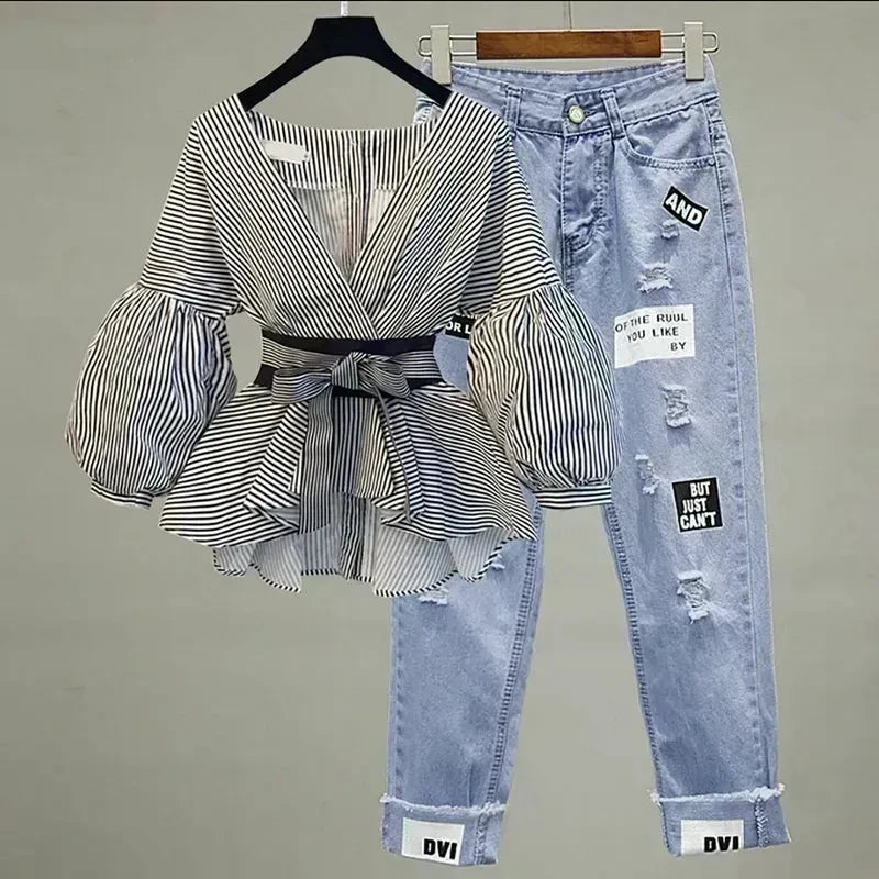 Elegant Women V-Neck Chiffon Shirt and Ripped Jeans Set