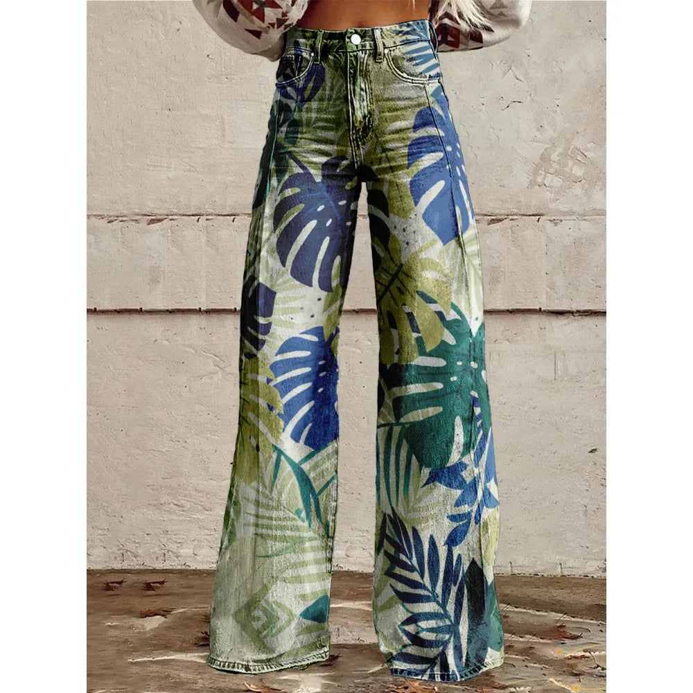 Colorful Tropical Leaf Print Wide Leg Pants for Women