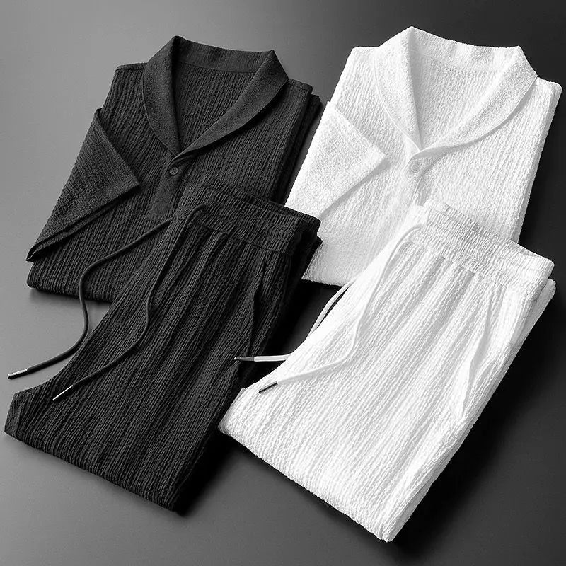 Men's Casual Summer Sports Suit with V-Neck T-Shirt and Jogger Pants
