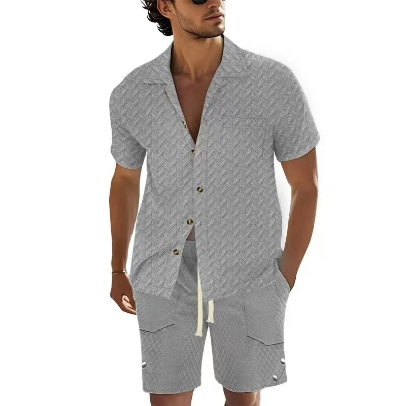 Hot Sale Men's Short-Sleeved Sets Summer Solid Loose Casual Suit Beach Style Turn-down Collar Shirts Shorts 2 Piece Sets for Men