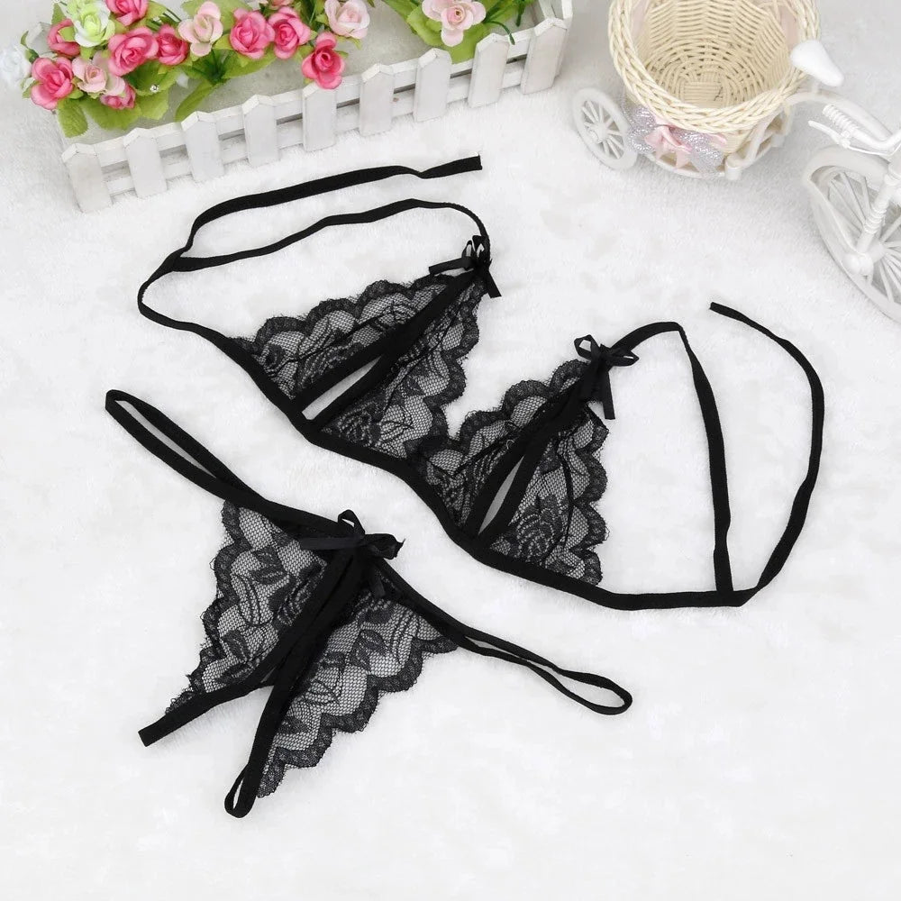 Lace Up Bra and Open Crotch G-String Set for Women