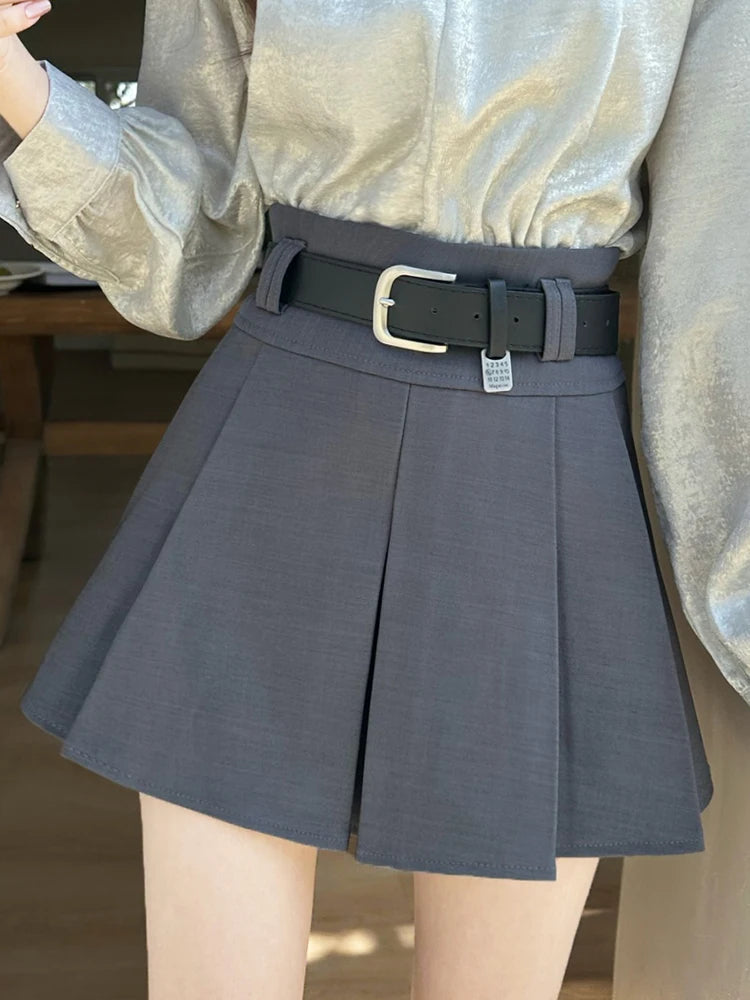 Gray High-waisted Pleated Skirt for Women with Belt