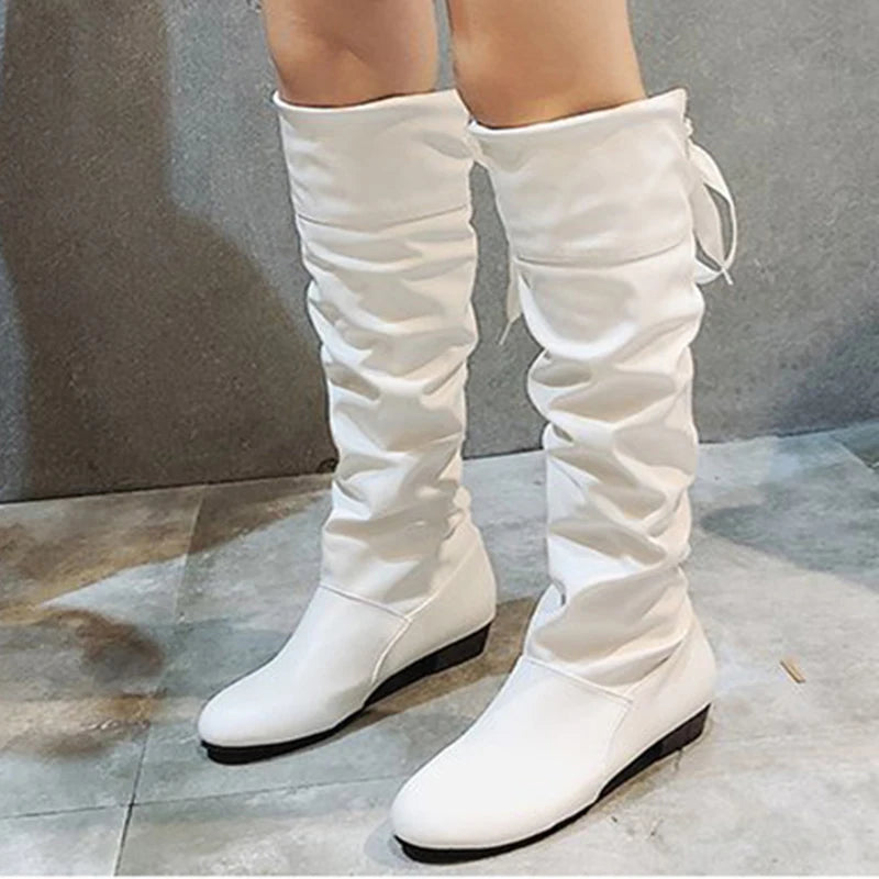 2024 Pleated Leather Knee High Boots for Women