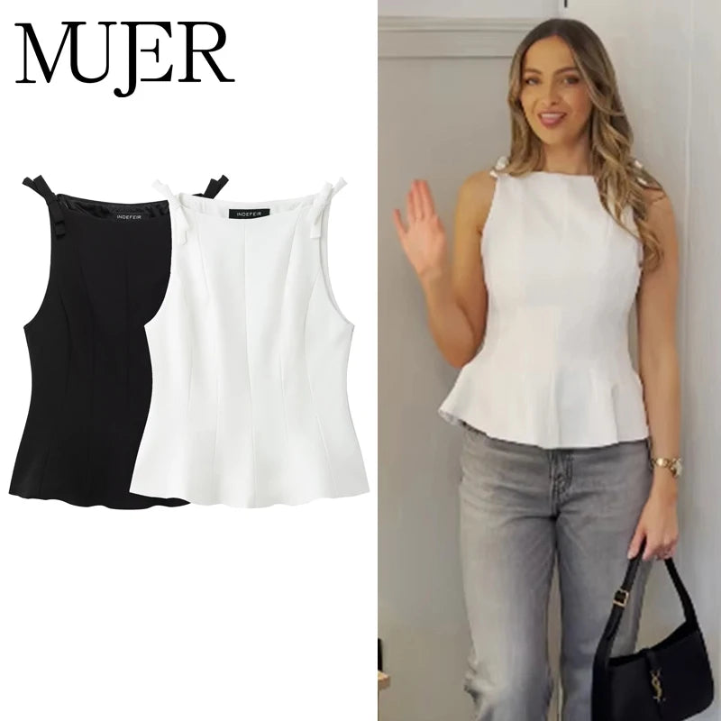 Black Off Shoulder Bow Tank Top for Women