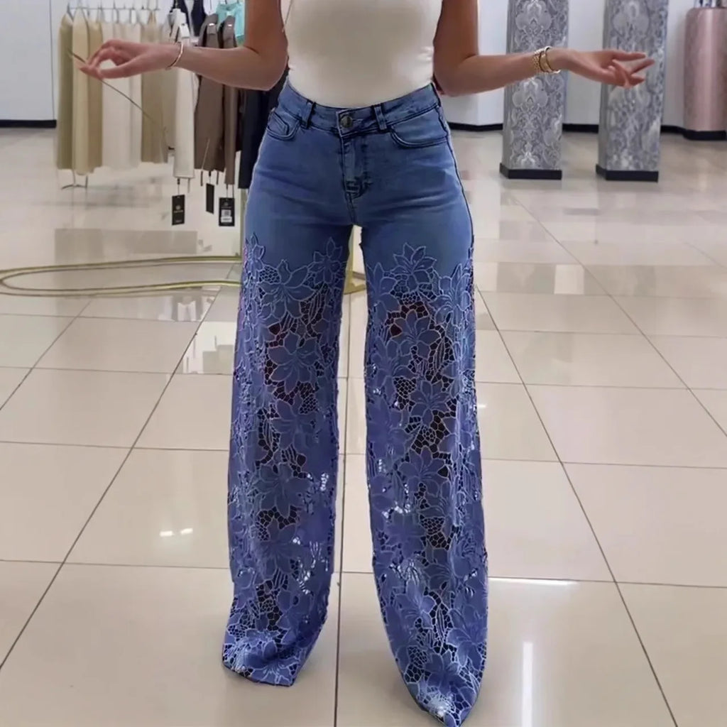 Lace Hollowed Out Wide Leg Jeans for Women in Solid Colors