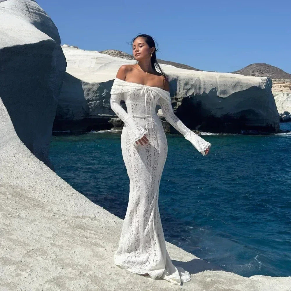 Elegant White Evening Dress with Red Lace Long Sleeves