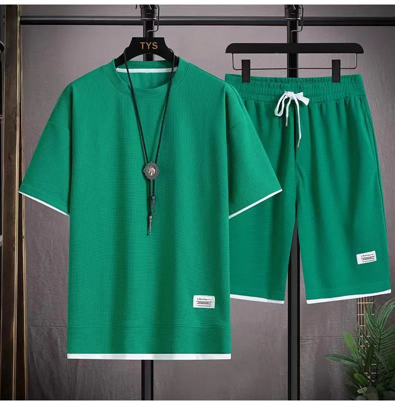Men's Summer Waffle Set Brand Fashion Casual T-shirt Shorts Set Men's Sports Set Loose ComfortableSlow Running Quick Sports Suit