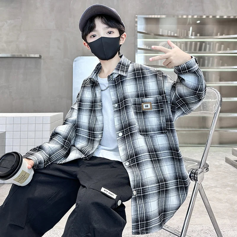 Boys Long Sleeve Plaid Shirt in Black and White for Kids
