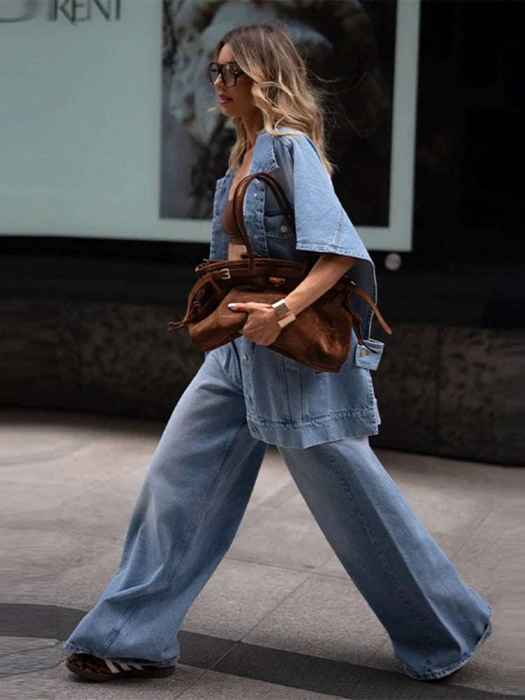 Chic Women's Irregular Denim Coats and Wide Leg Jeans Set