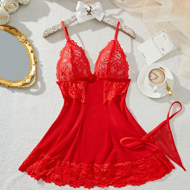 Red Lace Crotchless Babydoll Set for Women