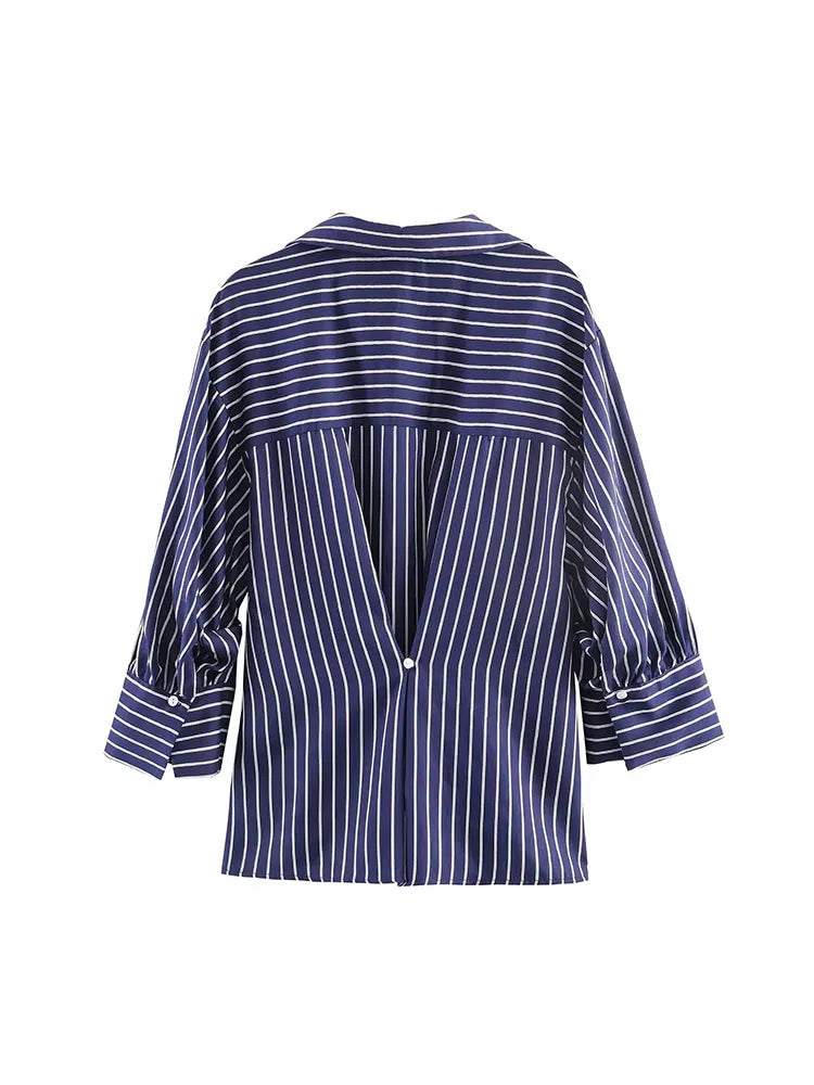 Stylish Women Striped Blouse with Turn-Down Collar