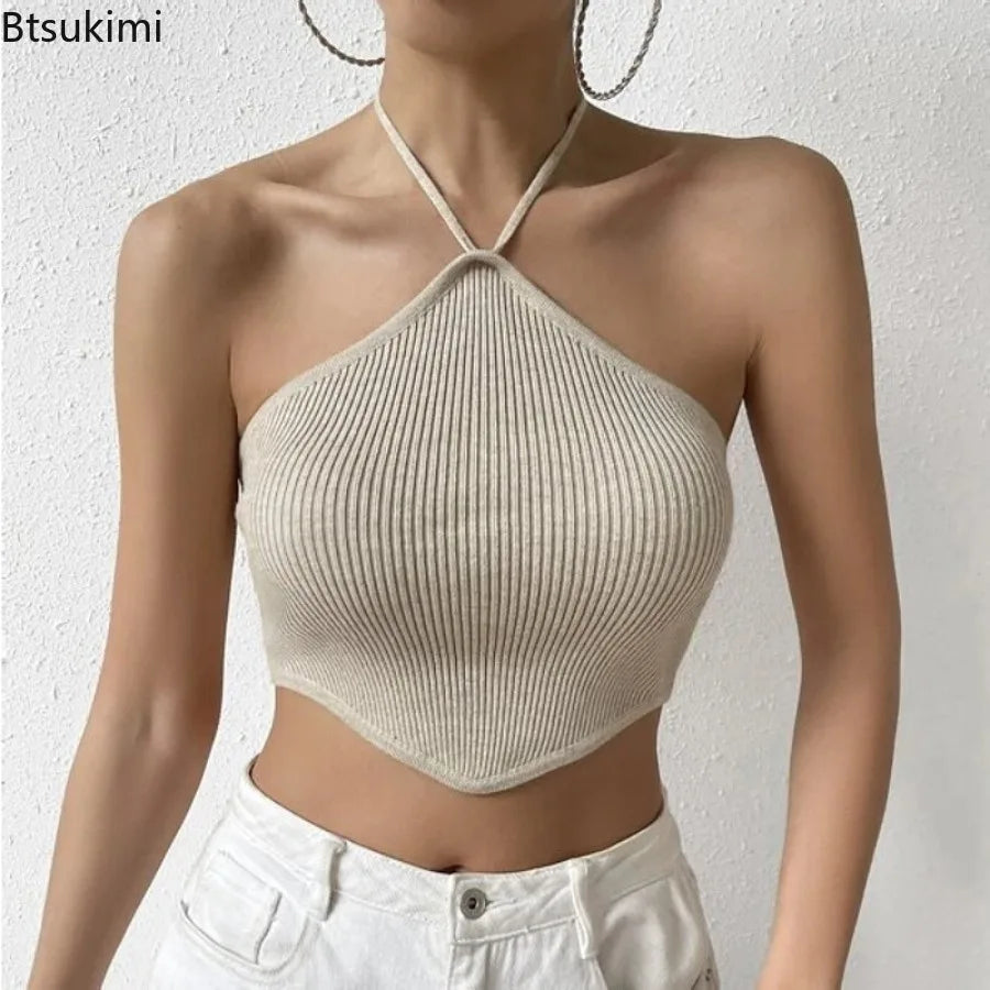 Women's Summer Knitted Backless Tank Top Sleeveless Striped Top Asymmetrical Solid Lump Halter Crop Top Women Sexy Fashion Tops