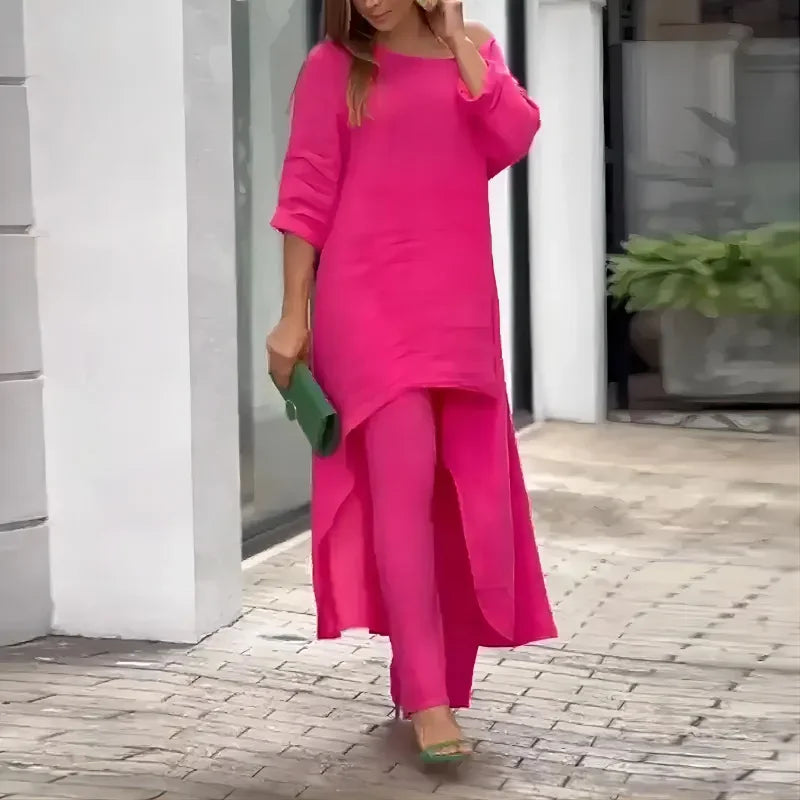 Plus Size Women's Indie Folk Asymmetrical Dress and Pants Set