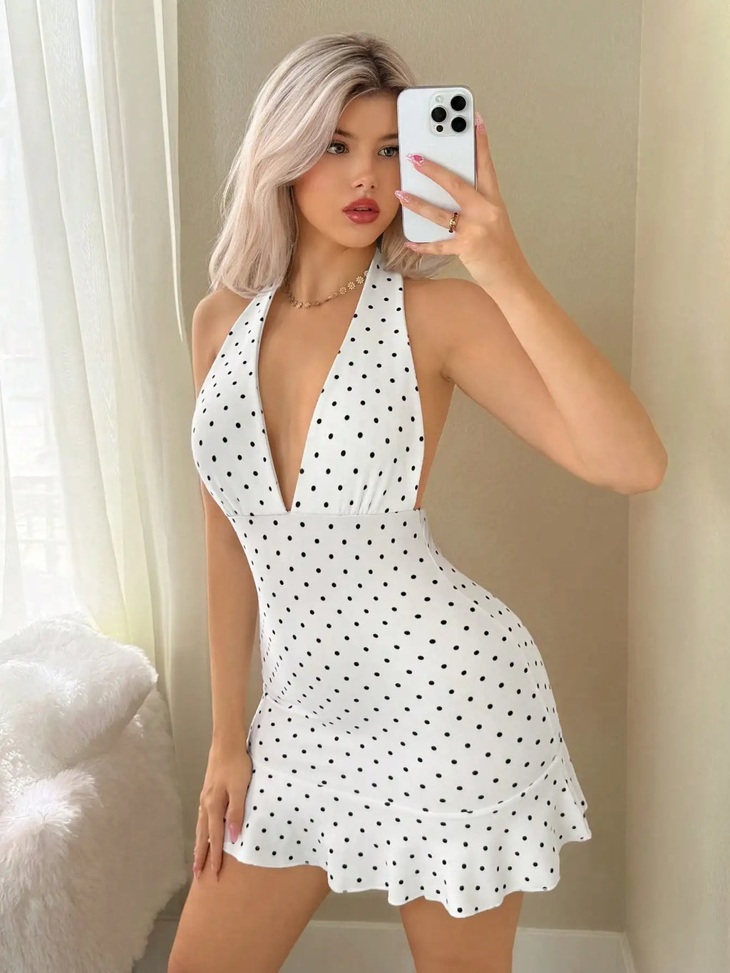 Casual Women's Mini Dress with Scarf Collar in Polyester