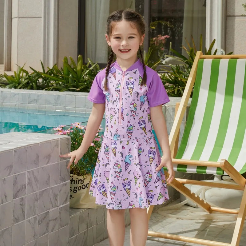 Girls' Cartoon One-Piece Swim Dress in Elastane for Spring