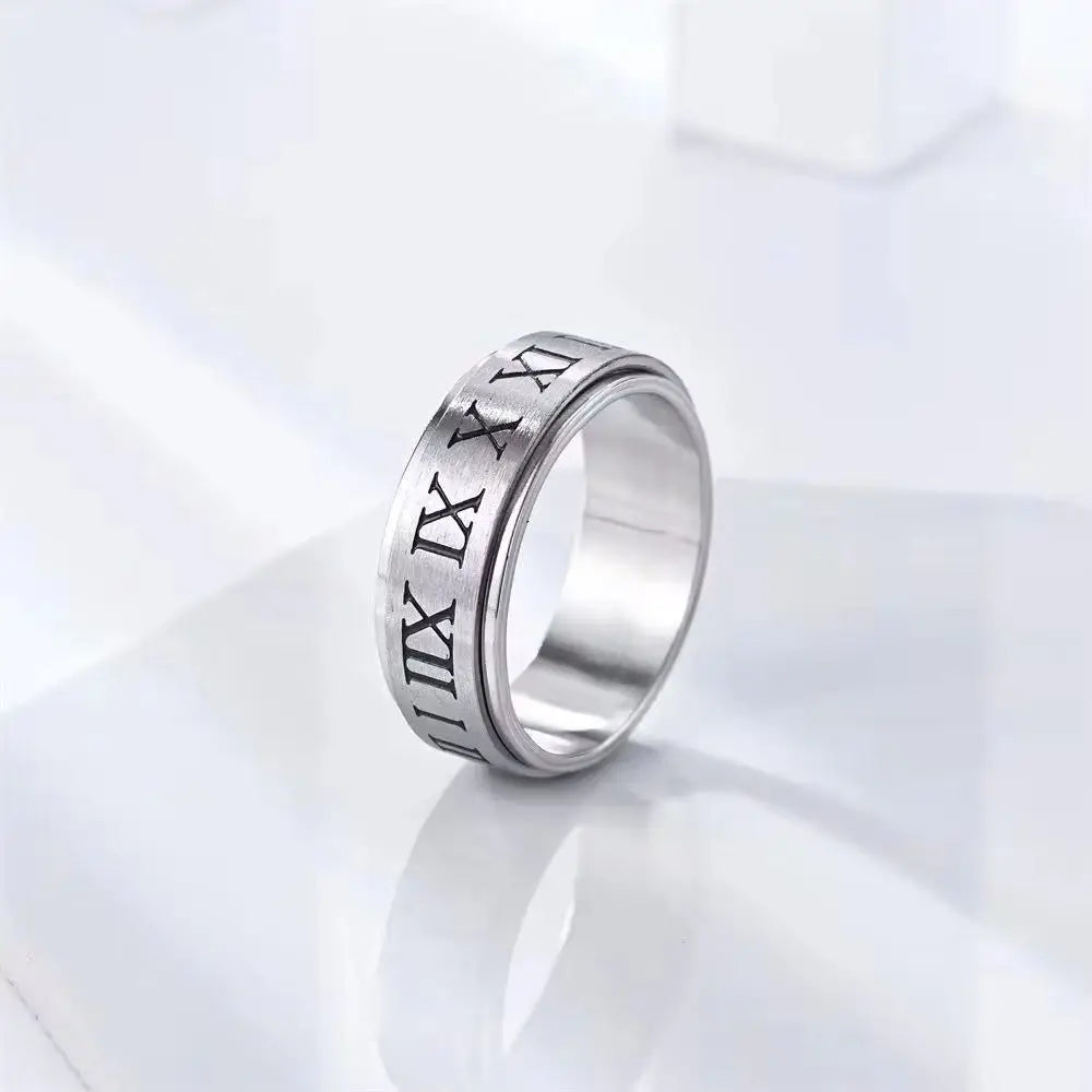 Fashionable men's rotating ring with niche design, stress relieving and anti anxiety casting, Roman numeral rotatable ring