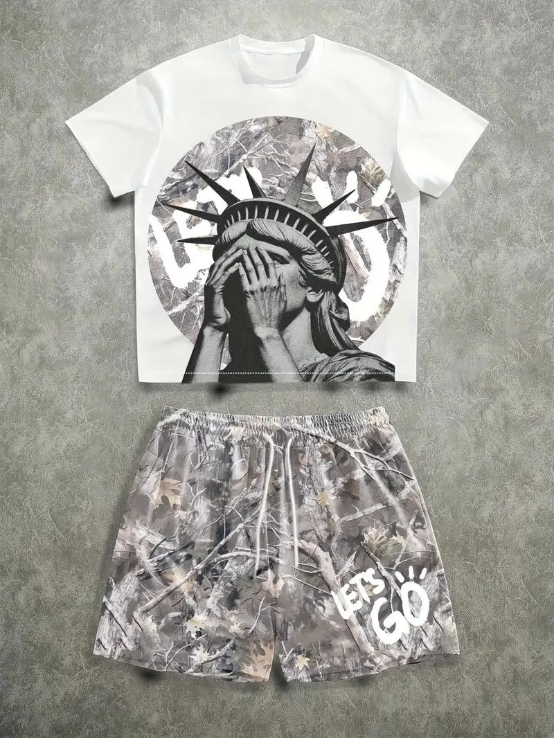 The 2025 summer new men's set features street casual hip-hop fashion comfort and softness with 3D pattern prints