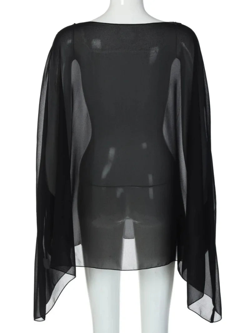 Elegant See-through Chiffon Blouse in Solid Colors for Women