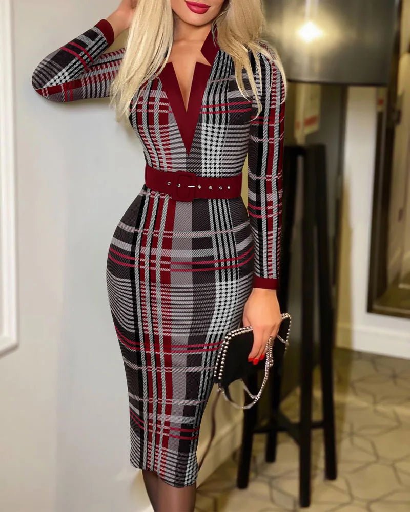 V-neck Geometric Print Slim-fit Dress for Women