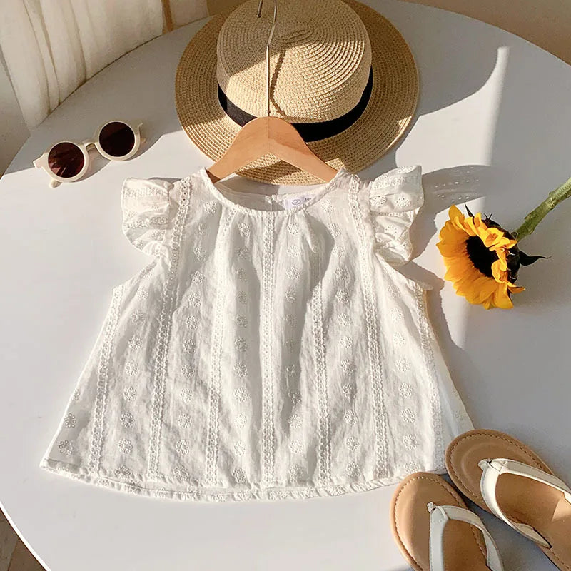 Girls Summer Sleeveless Ruffled Top with Lace Trim