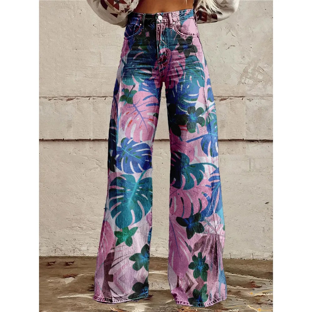 Colorful Tropical Leaf Print Wide Leg Pants for Women