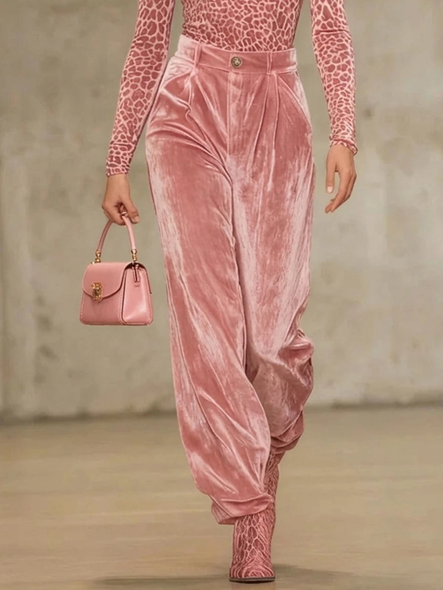 Bonboho Women's Pink Velvet High Waist Loose Fit Trousers