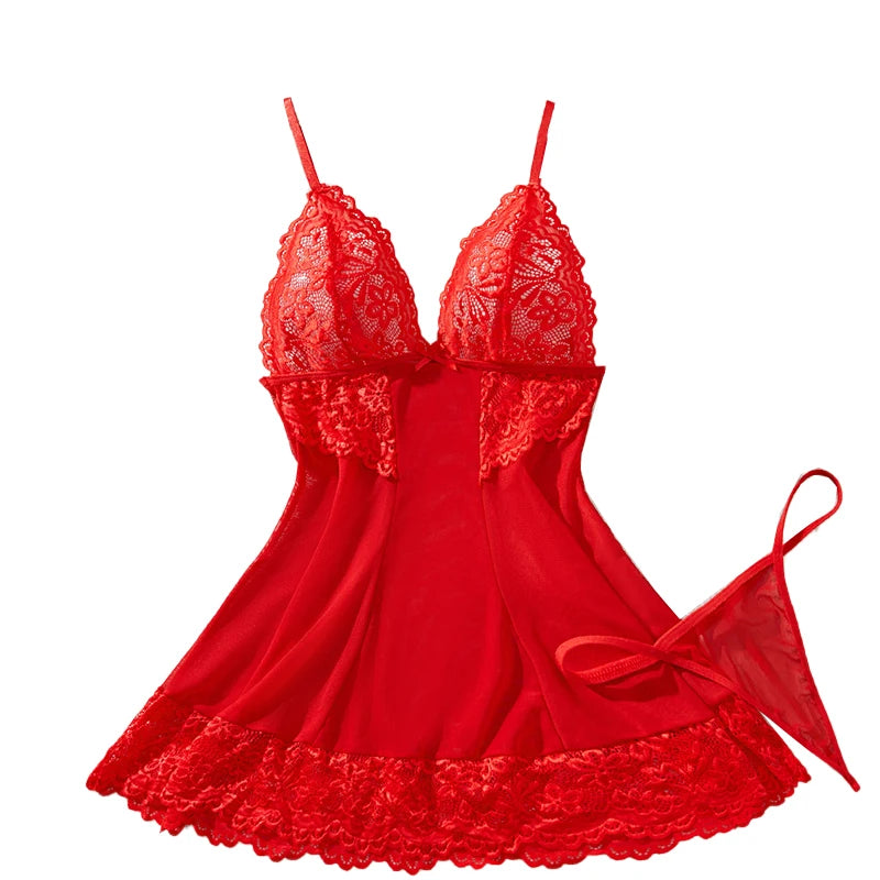 Red Lace Crotchless Babydoll Set for Women