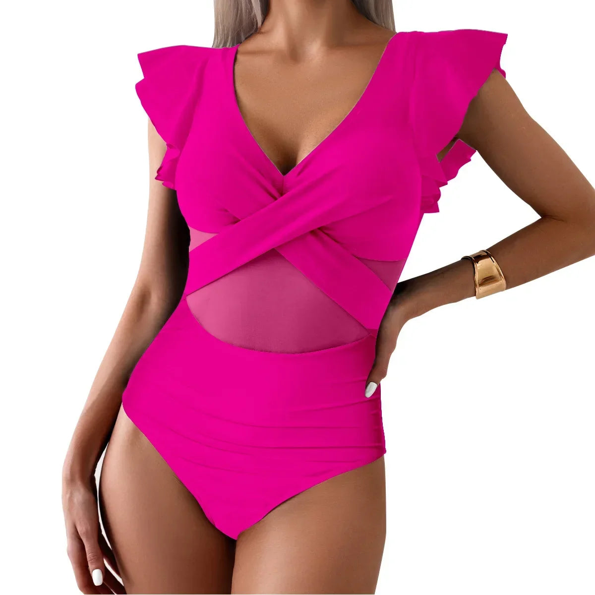V Neck Tummy Control Women's Bikini Swimsuit with Ruffles