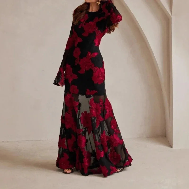Elegant Jacquard Embroidered Ankle-Length Dress for Women