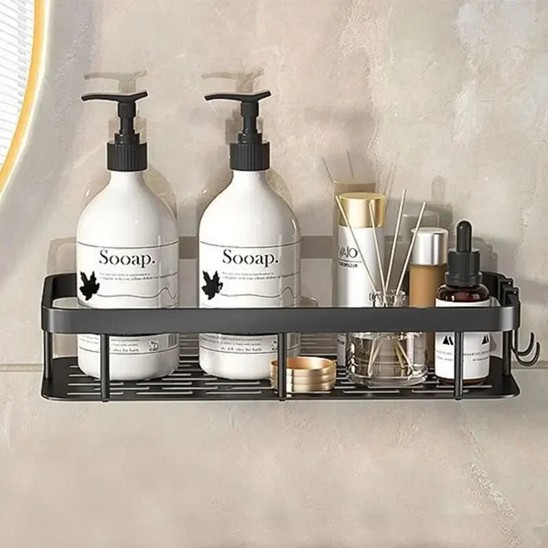 Black Space Aluminum Bathroom Storage Rack with No-Drill Mount