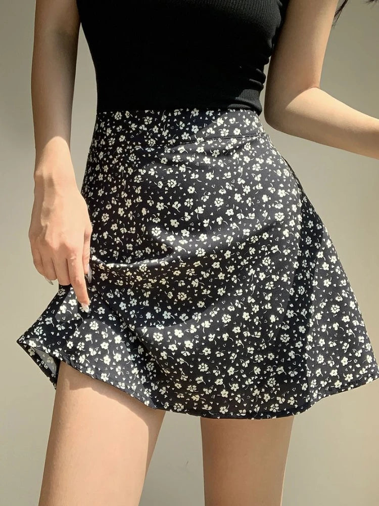 Floral Red High Waist Mini Skirt for Women in Chiffon