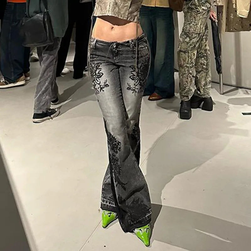Vintage Low-Rise Flare Jeans for Women in Plaid Design