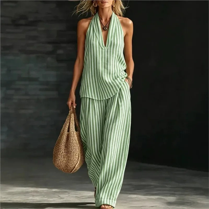 Chic Striped Wide-Leg Pants and Halter Top Set for Women
