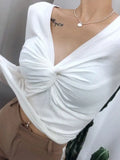 2026 Women Sexy T-shirt Long Sleeve Shirring V-neck Lady Slim Tshirt Summer Thin Solid Color Female Crop Top Tees for Woman