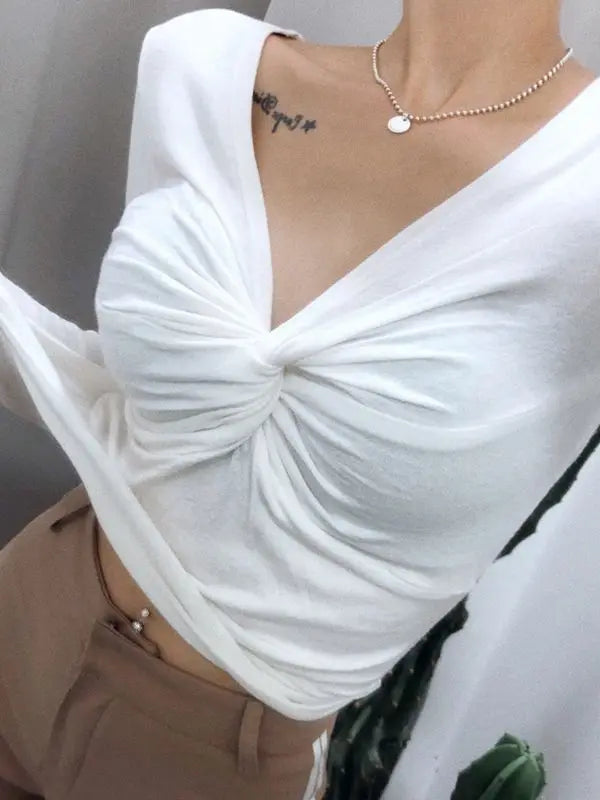 2026 Women Sexy T-shirt Long Sleeve Shirring V-neck Lady Slim Tshirt Summer Thin Solid Color Female Crop Top Tees for Woman