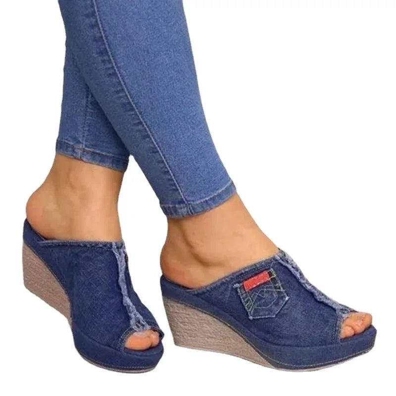 Women Summer Cowboy Slippers Retro Wedge Platform Shoes